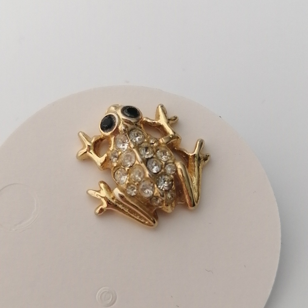 Vintage Unisex Frog Goldtone Pin Clear Rhinestones Black Stone Eyes